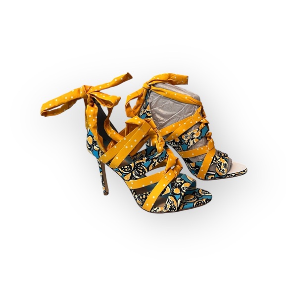 Gianni Bini Abrianna Women's 9M Preppy Polka Dot Ankle Wrap Heels Teal/Gold - Picture 4 of 7